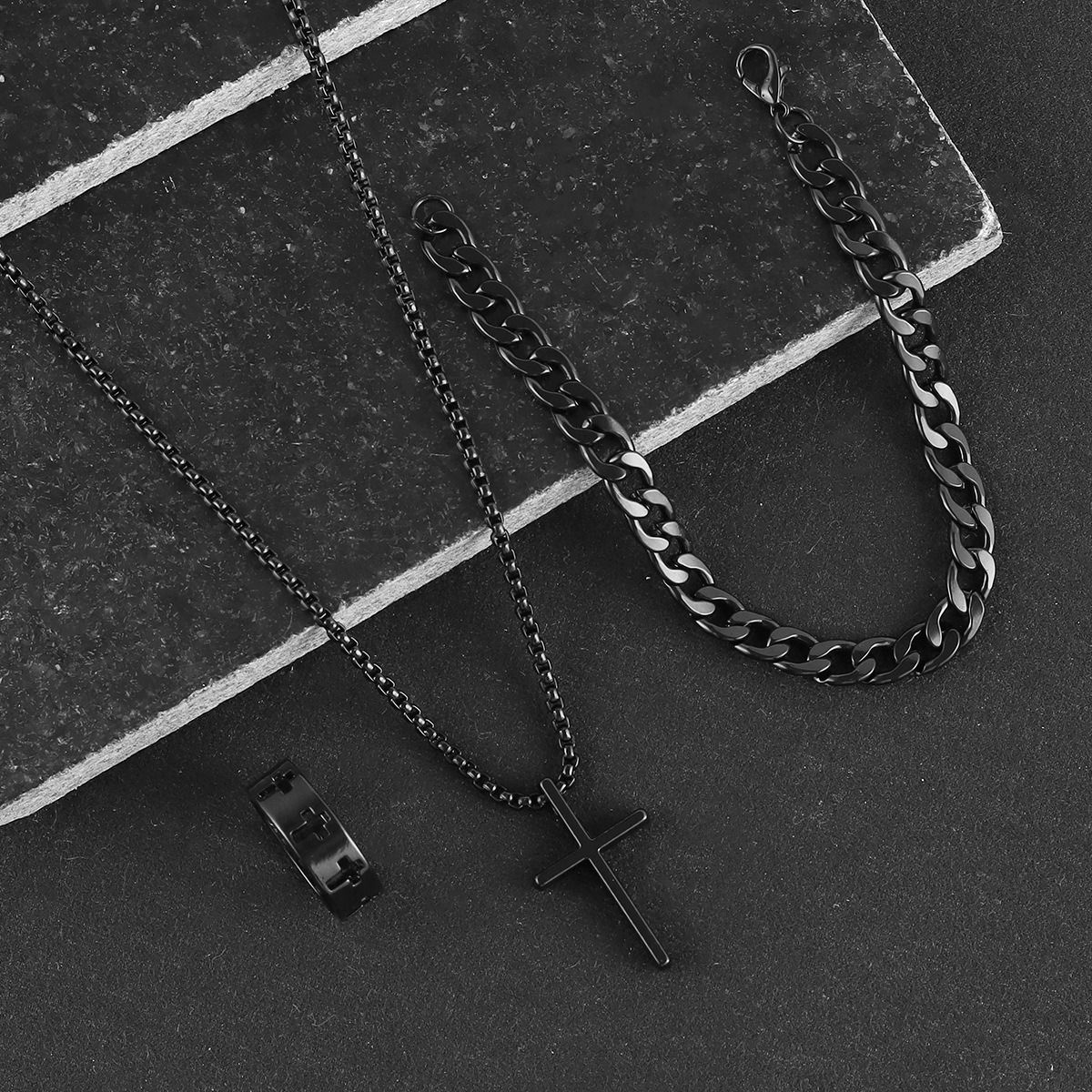 2024 Africa Europe America New Creative Simple Temperament Cross Retro Dark Three-piece Ring + Necklace + Bracelet Electroplating Process Cross Element Personality Style