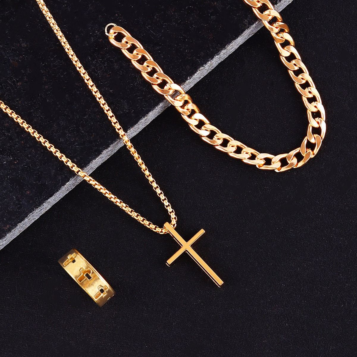 2024 Africa Europe America New Creative Simple Temperament Cross Retro Dark Three-piece Ring + Necklace + Bracelet Electroplating Process Cross Element Personality Style