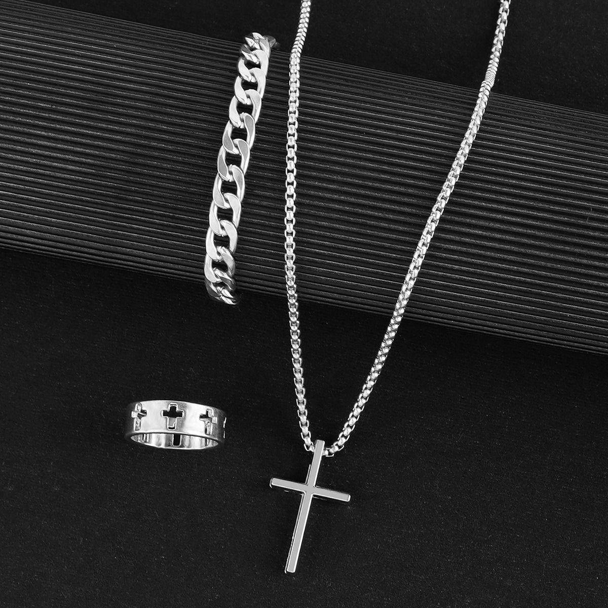 2024 Africa Europe America New Creative Simple Temperament Cross Retro Dark Three-piece Ring + Necklace + Bracelet Electroplating Process Cross Element Personality Style
