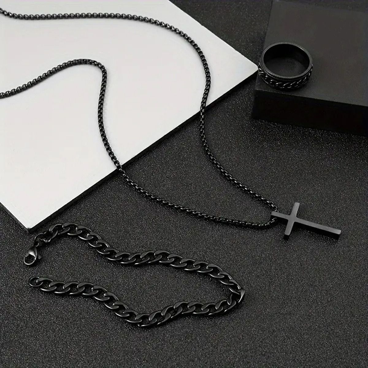 2024 Africa Europe America New Creative Simple Temperament Cross Retro Dark Three-piece Ring + Necklace + Bracelet Electroplating Process Cross Element Personality Style
