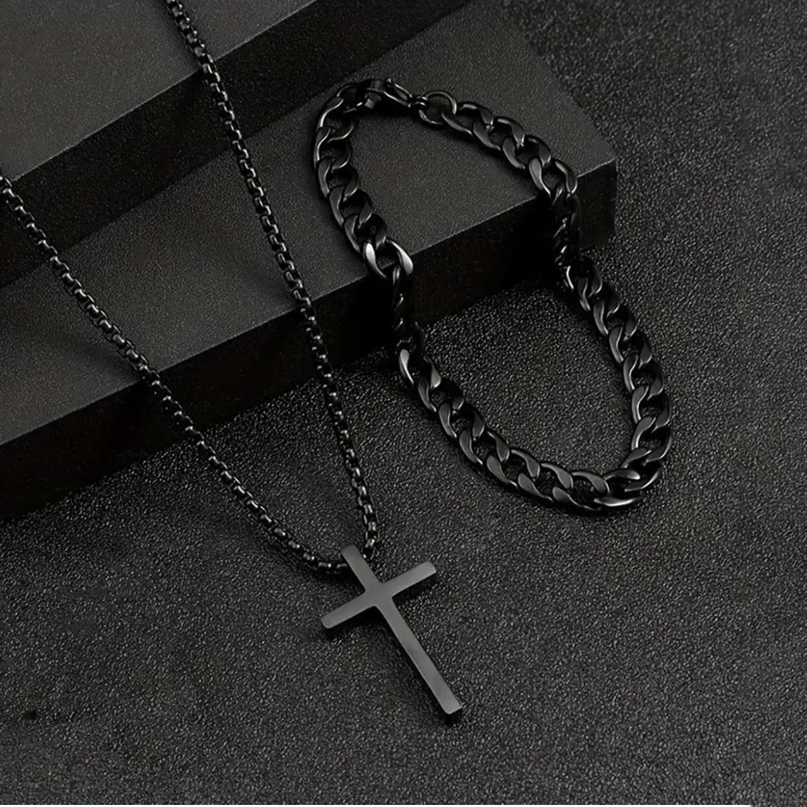 2024 Africa Europe America New Creative Simple Temperament Cross Retro Dark Three-piece Ring + Necklace + Bracelet Electroplating Process Cross Element Personality Style