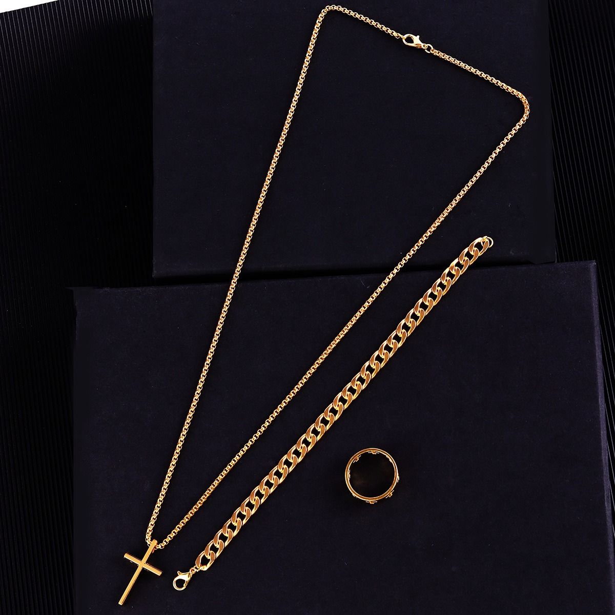2024 Africa Europe America New Creative Simple Temperament Cross Retro Dark Three-piece Ring + Necklace + Bracelet Electroplating Process Cross Element Personality Style