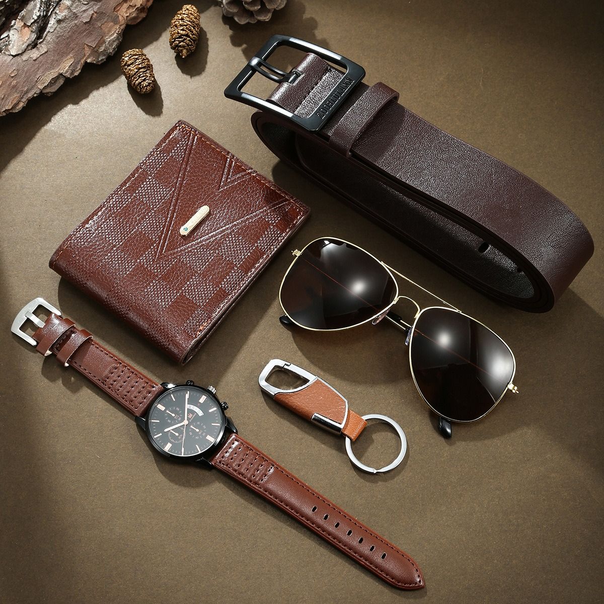Fashion Africa Europe America 2025 Trend Men's Business Quartz Watch Fake Three Eyes Calendar Roman Graduated Belt Husband Men's Gift Box Set Business Style