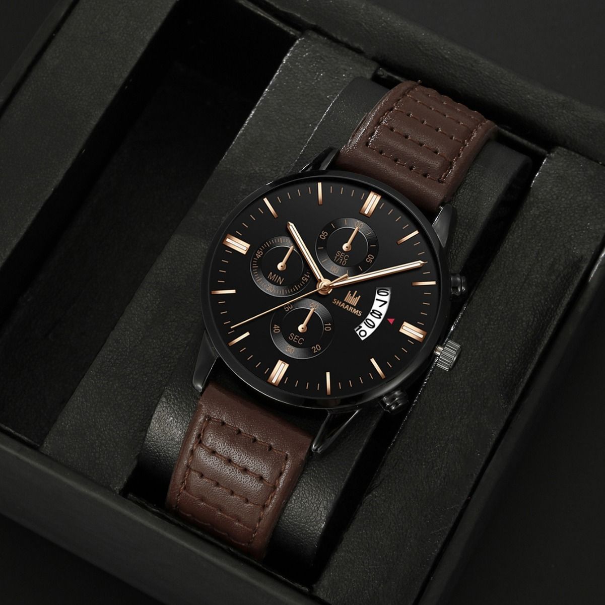 Fashion Africa Europe America 2025 Trend Men's Business Quartz Watch Fake Three Eyes Calendar Roman Graduated Belt Husband Men's Gift Box Set Business Style