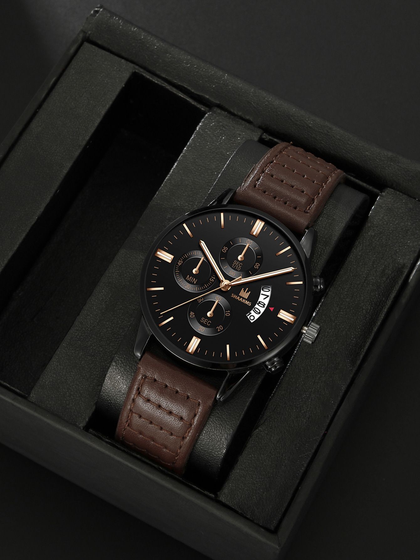 Fashion Africa Europe America 2025 Trend Men's Business Quartz Watch Fake Three Eyes Calendar Roman Graduated Belt Husband Men's Gift Box Set Business Style