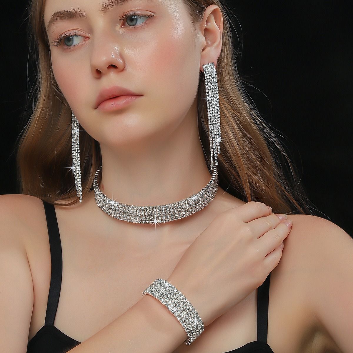 European and American cross-border jewelry multi-row rhinestone necklace earrings bracelet 3-piece fashion bridal suit dress with accessories