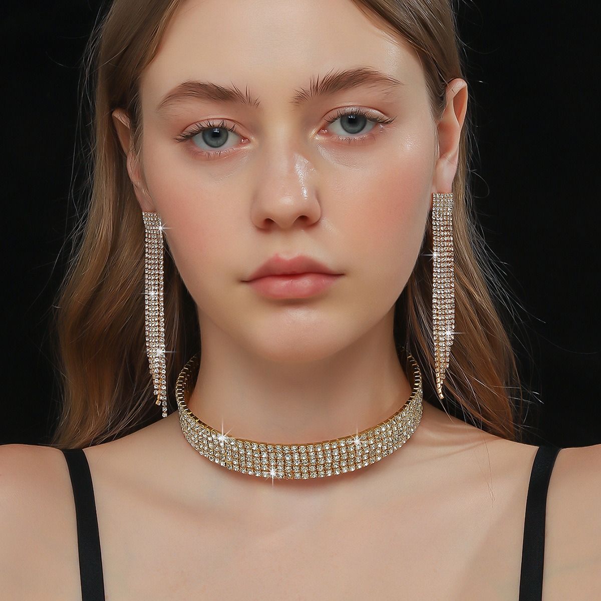 European and American cross-border jewelry multi-row rhinestone necklace earrings bracelet 3-piece fashion bridal suit dress with accessories