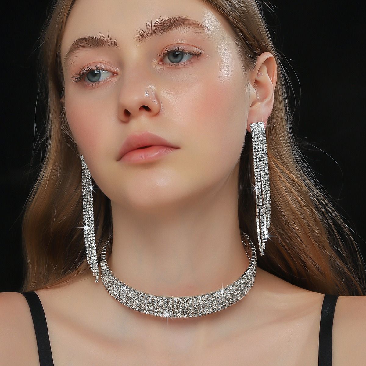 European and American cross-border jewelry multi-row rhinestone necklace earrings bracelet 3-piece fashion bridal suit dress with accessories