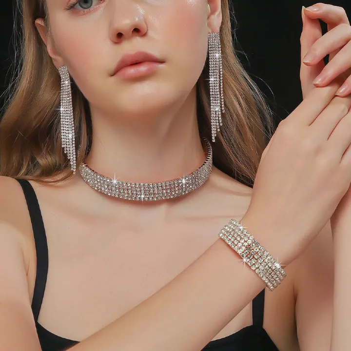 European and American cross-border jewelry multi-row rhinestone necklace earrings bracelet 3-piece fashion bridal suit dress with accessories