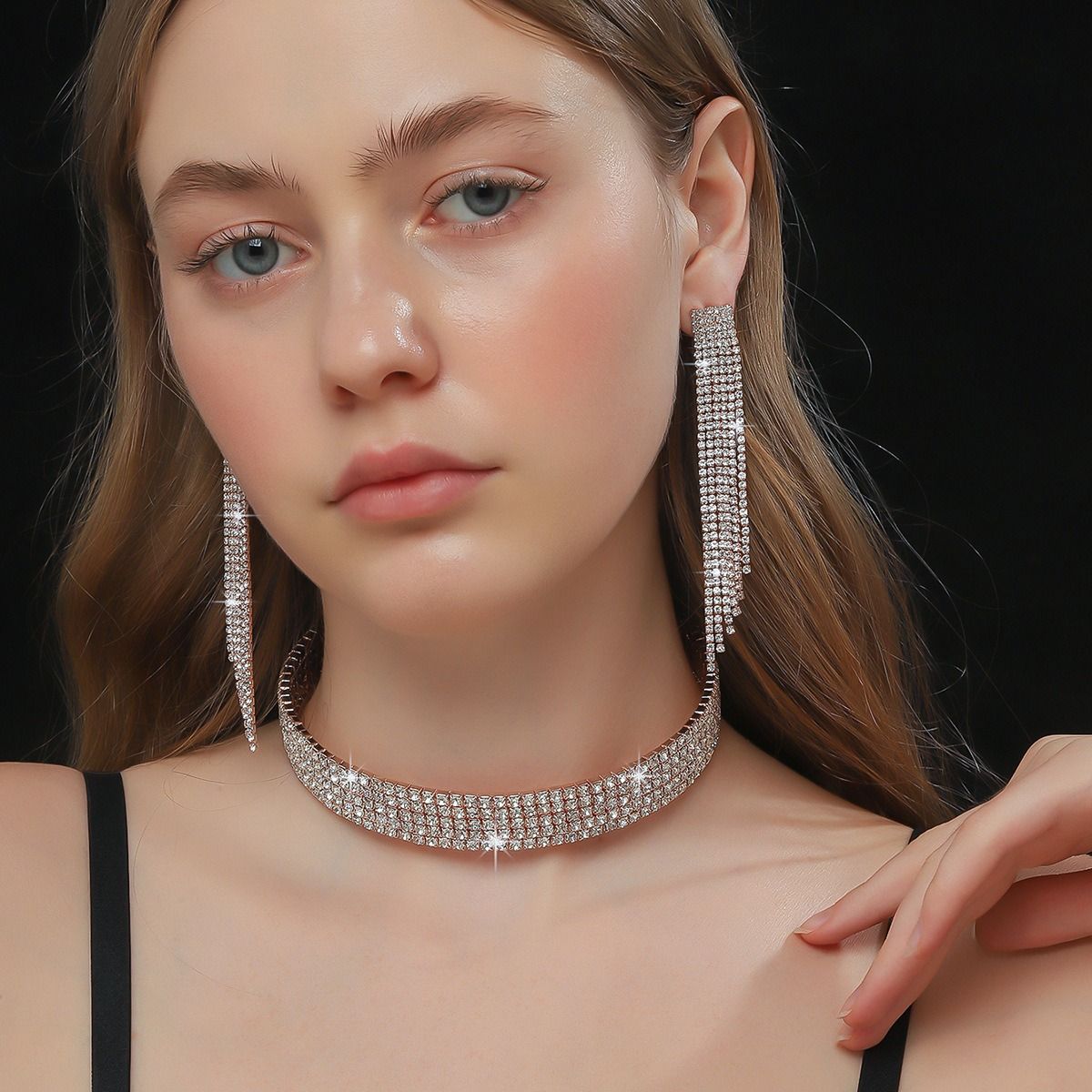 European and American cross-border jewelry multi-row rhinestone necklace earrings bracelet 3-piece fashion bridal suit dress with accessories