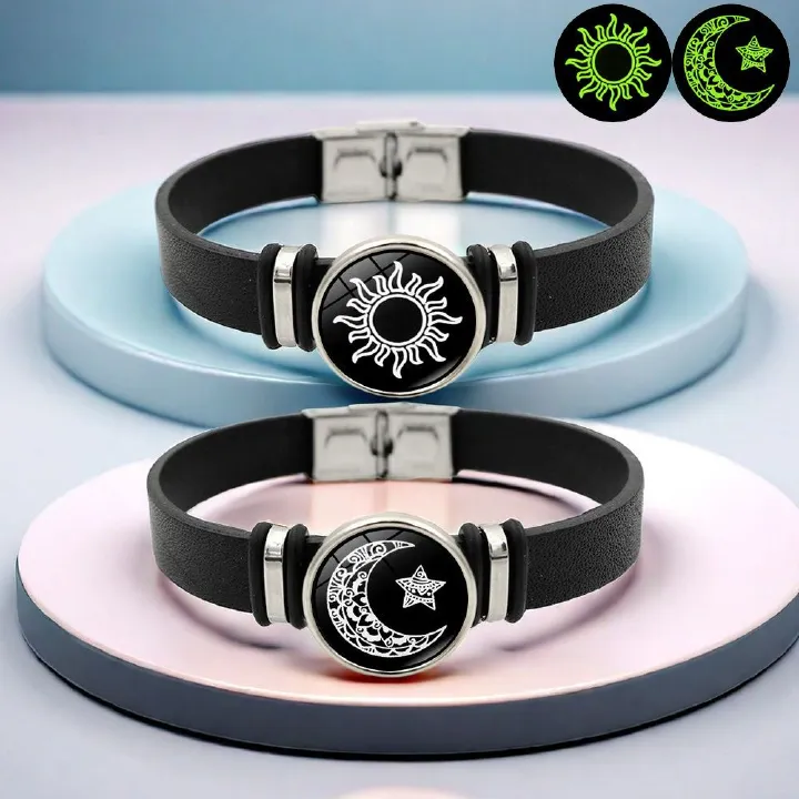 Africa's new cross-border temu hot sun and moon lovers black leather bracelet men and women universal European and American fashion personality bracelet jewelry