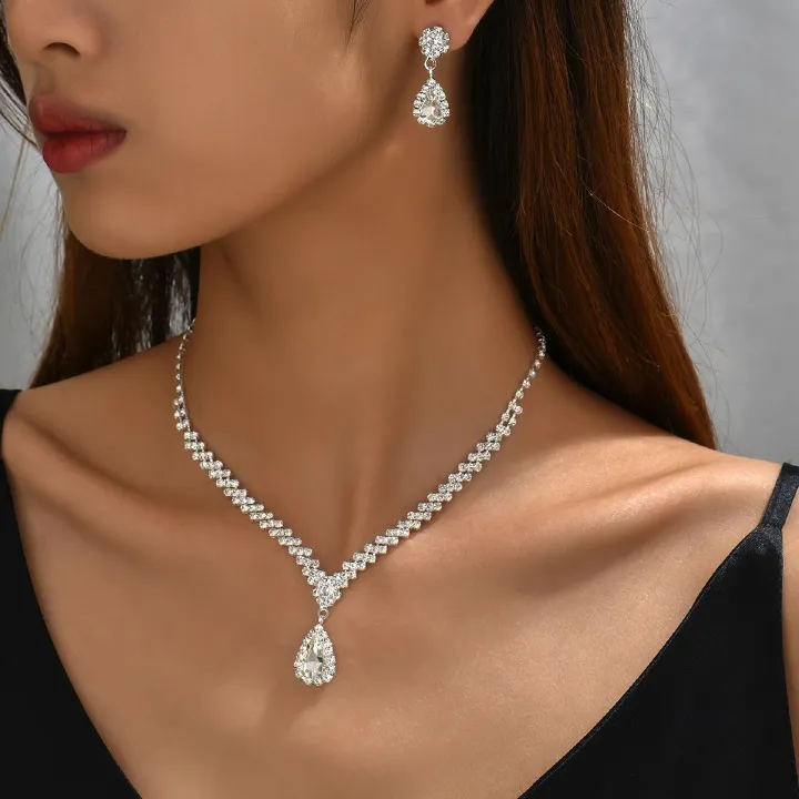 Bride jewelry set cross border explosive necklace earrings personality trend wedding ladies set evening dress accessories Bride earrings + collar 2-piece set