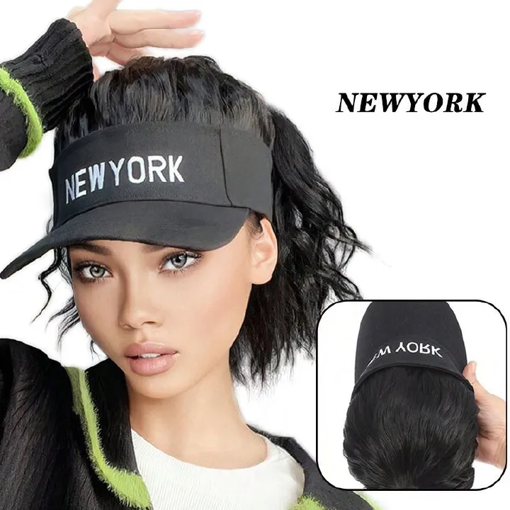 Africa new hat wig One-piece New York letter empty hat corn perm half tie high ponytail curly ponytail