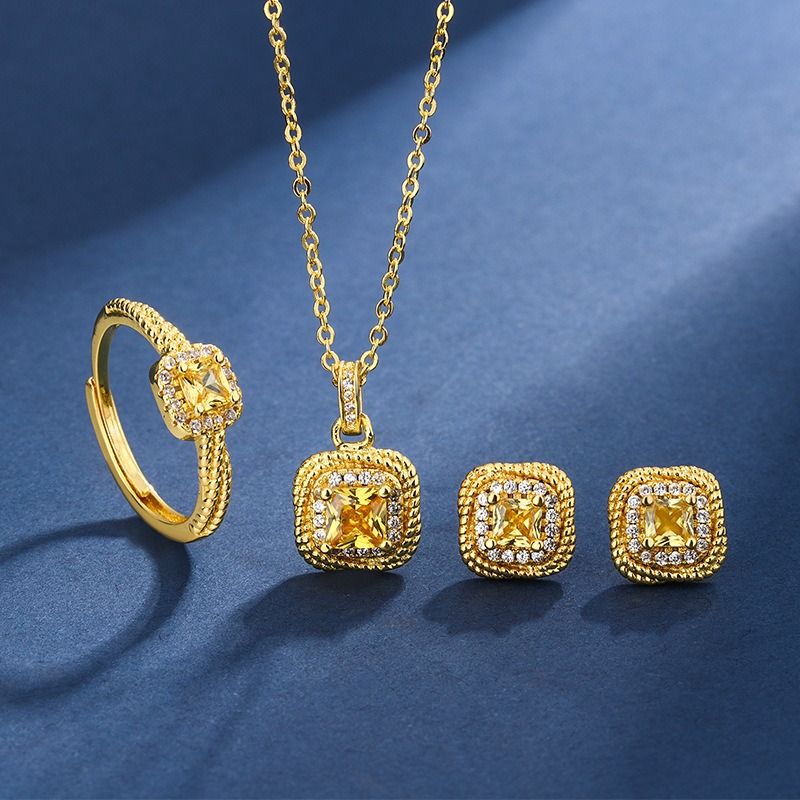 22025 African European American Sand Gold Set Diamond-Inlaid Square Sugar Pendant Women's Simple Small Square Sugar Ring + Earrings + Necklace Jewelry Copper-Gilded Jewelry Set Fashion Commuting Style