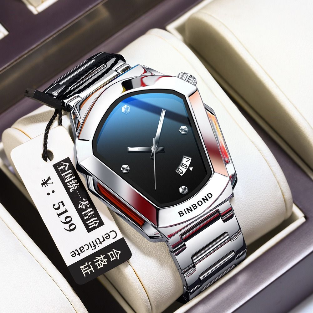 2026 Africa Europe BINBOND Brand Watches Diamond-shaped Alloy Men's Watches Business Quartz Watches 30-meter Water Resistance Decoration Luminous Display Calendar Small Three-hand Dial