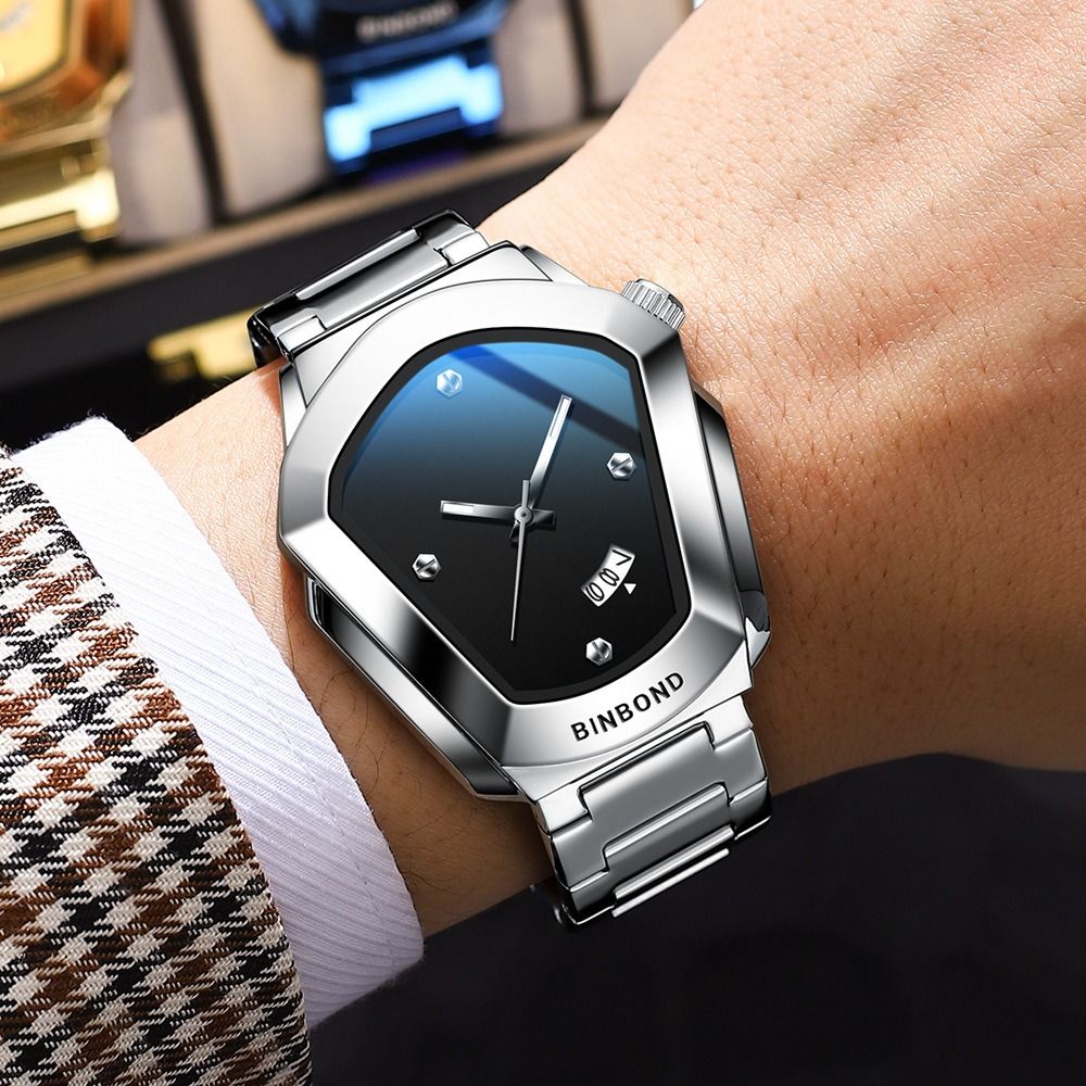 2026 Africa Europe BINBOND Brand Watches Diamond-shaped Alloy Men's Watches Business Quartz Watches 30-meter Water Resistance Decoration Luminous Display Calendar Small Three-hand Dial