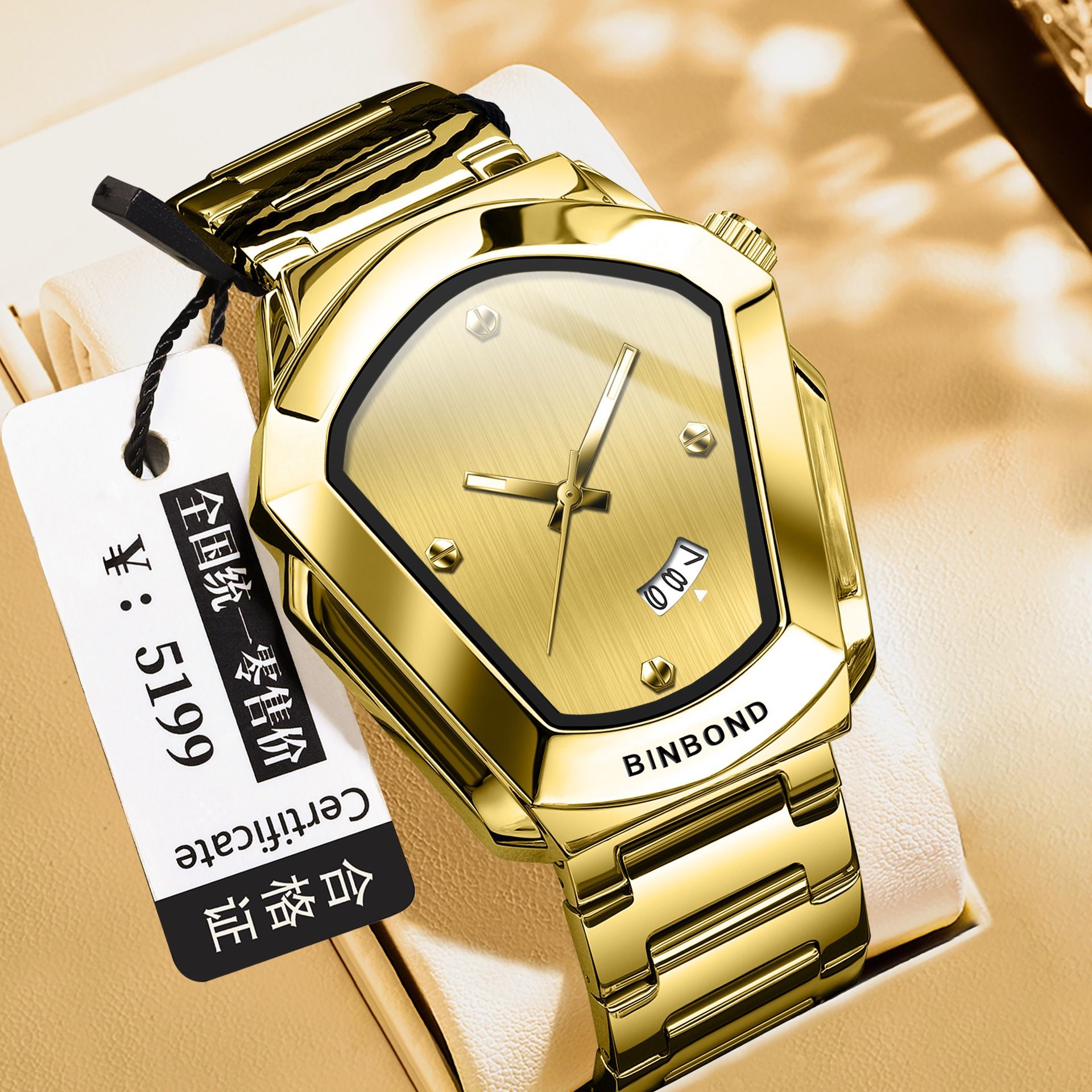 2026 Africa Europe BINBOND Brand Watches Diamond-shaped Alloy Men's Watches Business Quartz Watches 30-meter Water Resistance Decoration Luminous Display Calendar Small Three-hand Dial