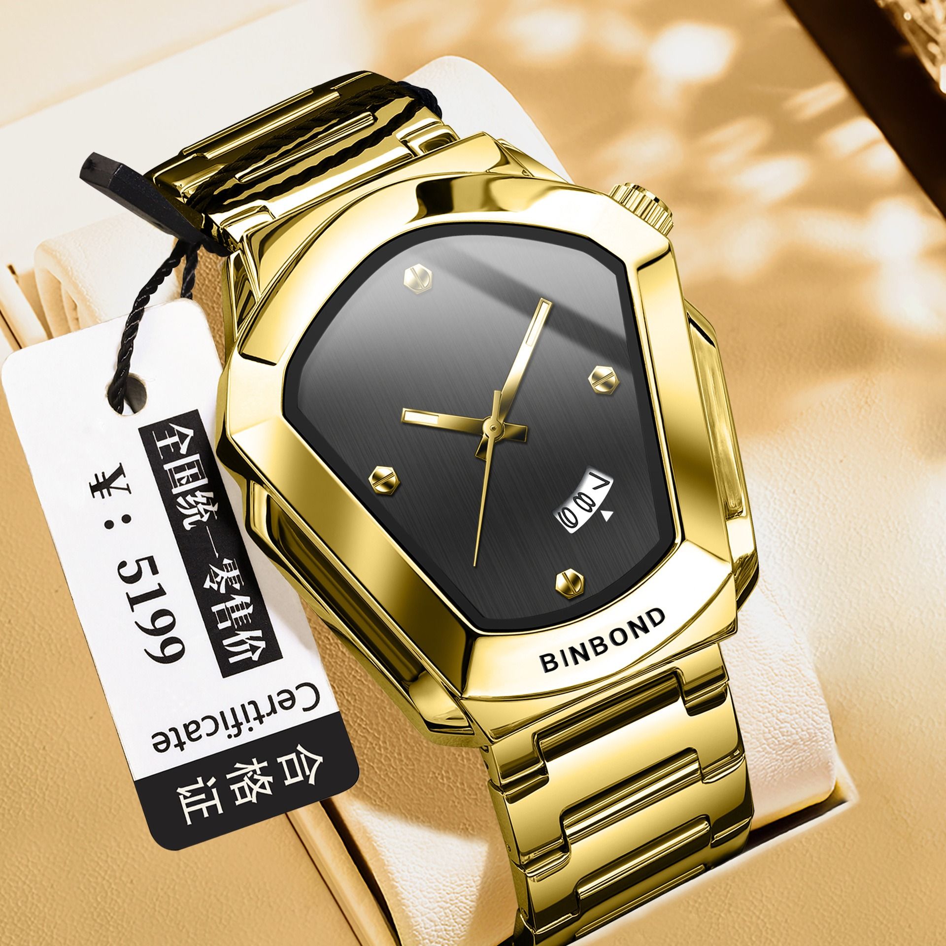 2026 Africa Europe BINBOND Brand Watches Diamond-shaped Alloy Men's Watches Business Quartz Watches 30-meter Water Resistance Decoration Luminous Display Calendar Small Three-hand Dial