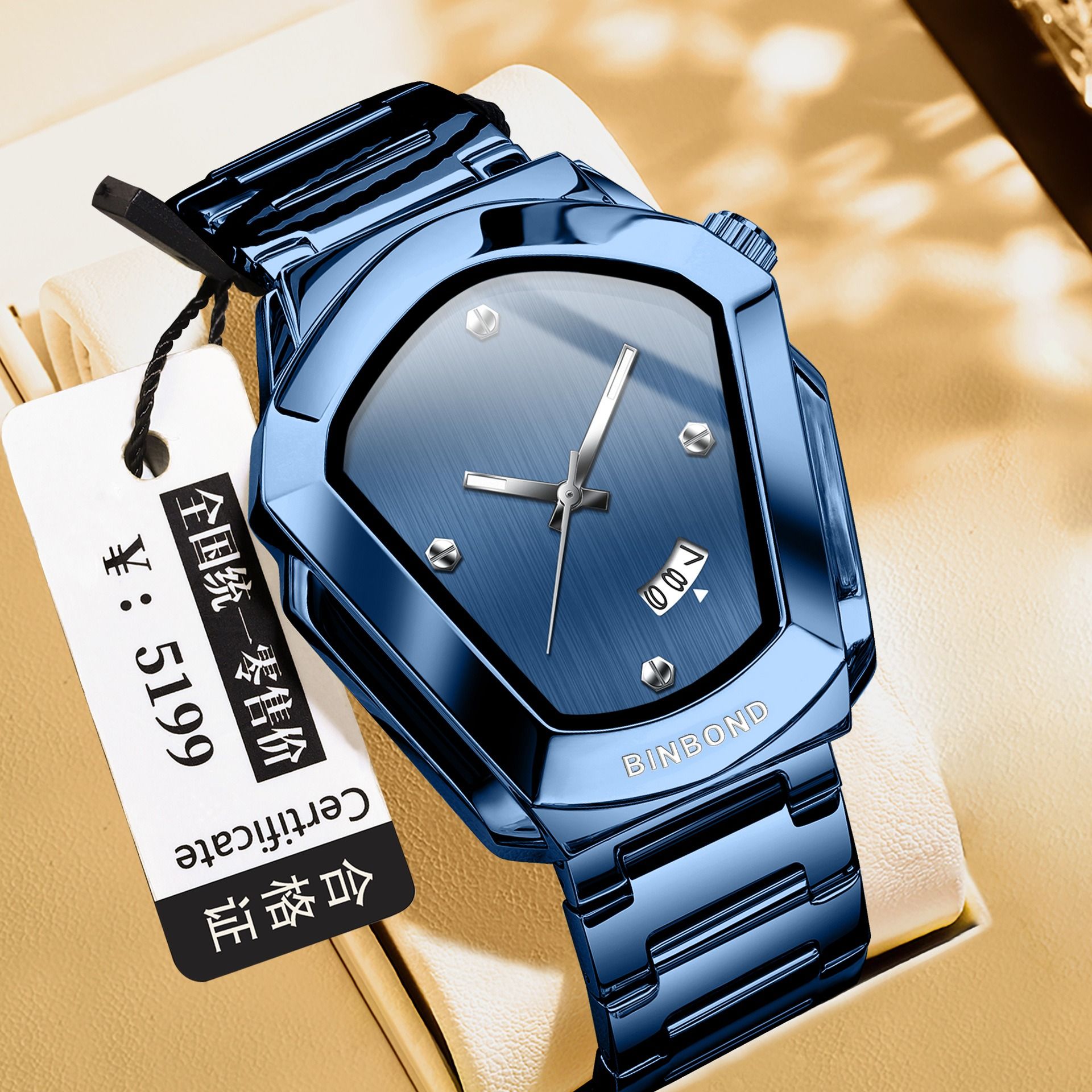 2026 Africa Europe BINBOND Brand Watches Diamond-shaped Alloy Men's Watches Business Quartz Watches 30-meter Water Resistance Decoration Luminous Display Calendar Small Three-hand Dial