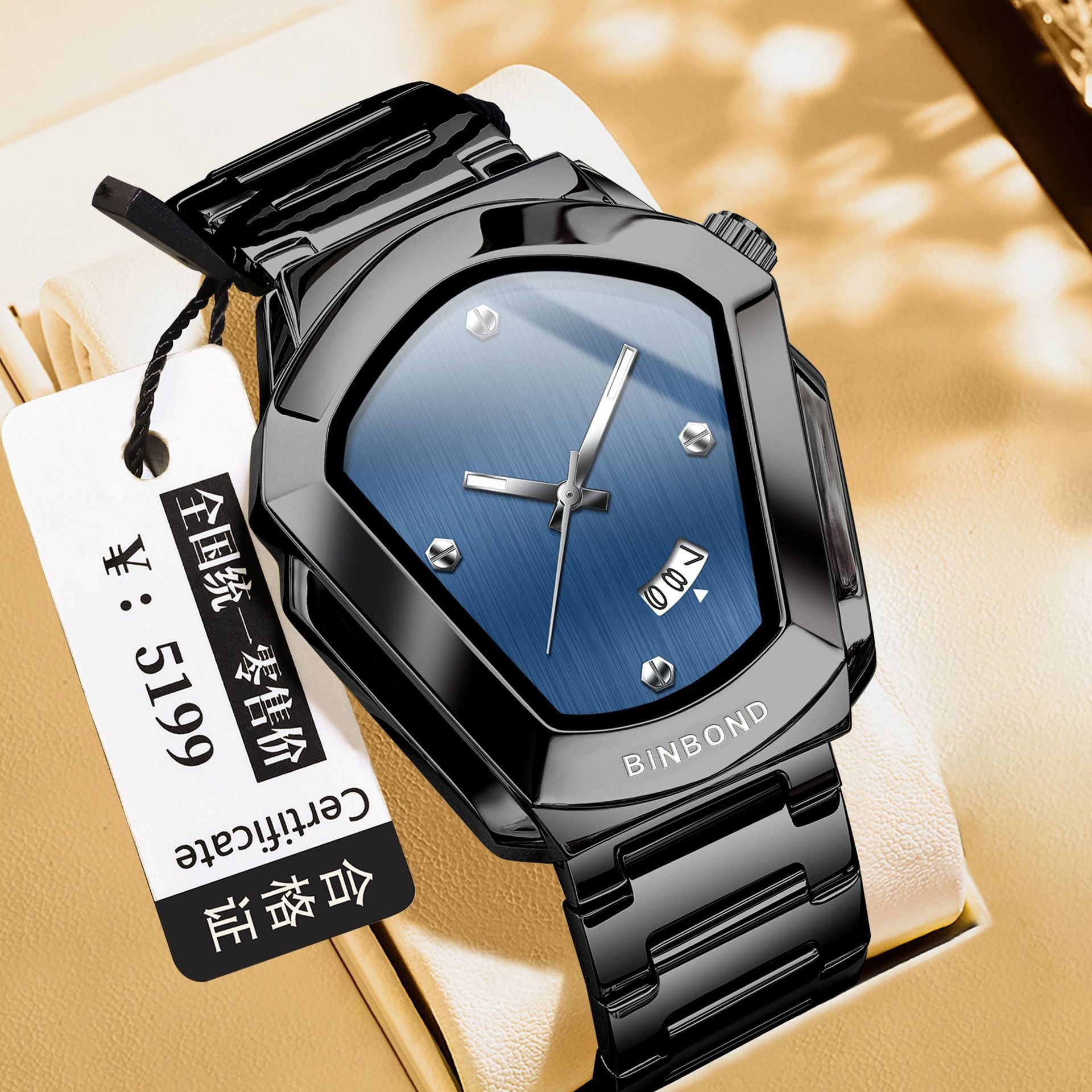 2026 Africa Europe BINBOND Brand Watches Diamond-shaped Alloy Men's Watches Business Quartz Watches 30-meter Water Resistance Decoration Luminous Display Calendar Small Three-hand Dial
