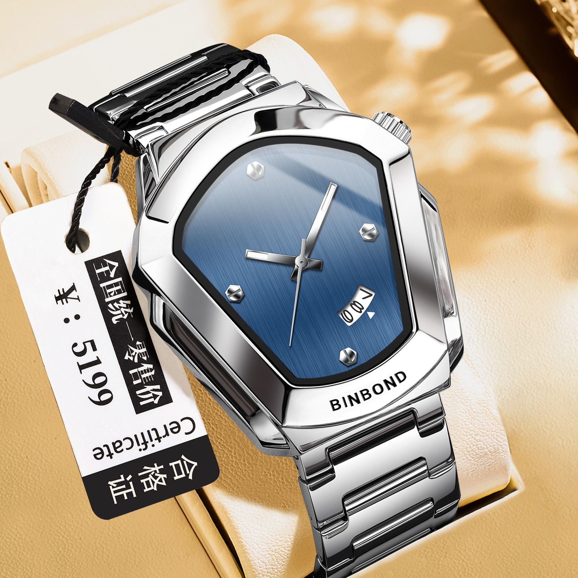 2026 Africa Europe BINBOND Brand Watches Diamond-shaped Alloy Men's Watches Business Quartz Watches 30-meter Water Resistance Decoration Luminous Display Calendar Small Three-hand Dial