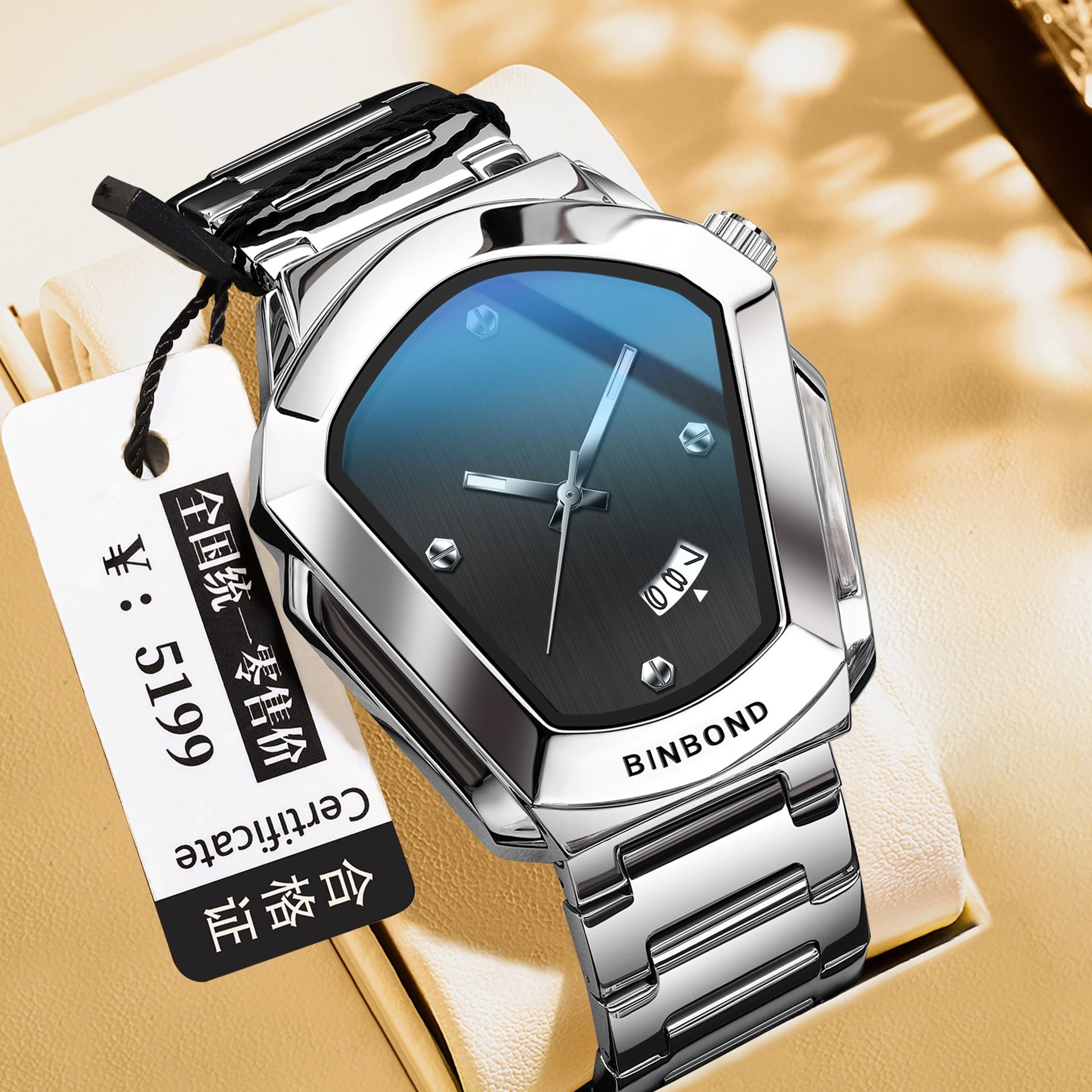 2026 Africa Europe BINBOND Brand Watches Diamond-shaped Alloy Men's Watches Business Quartz Watches 30-meter Water Resistance Decoration Luminous Display Calendar Small Three-hand Dial