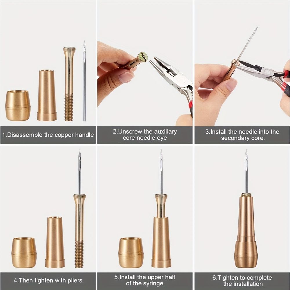 Leather Sewing Kit with 11 Pieces: Includes DIY Copper-Handled Leather Sewing Awl, 6 Needles, and a Soft Tube for Storage. Suitable for Repairing Leather, Canvas, Tents, and Shoes. Available in Black,