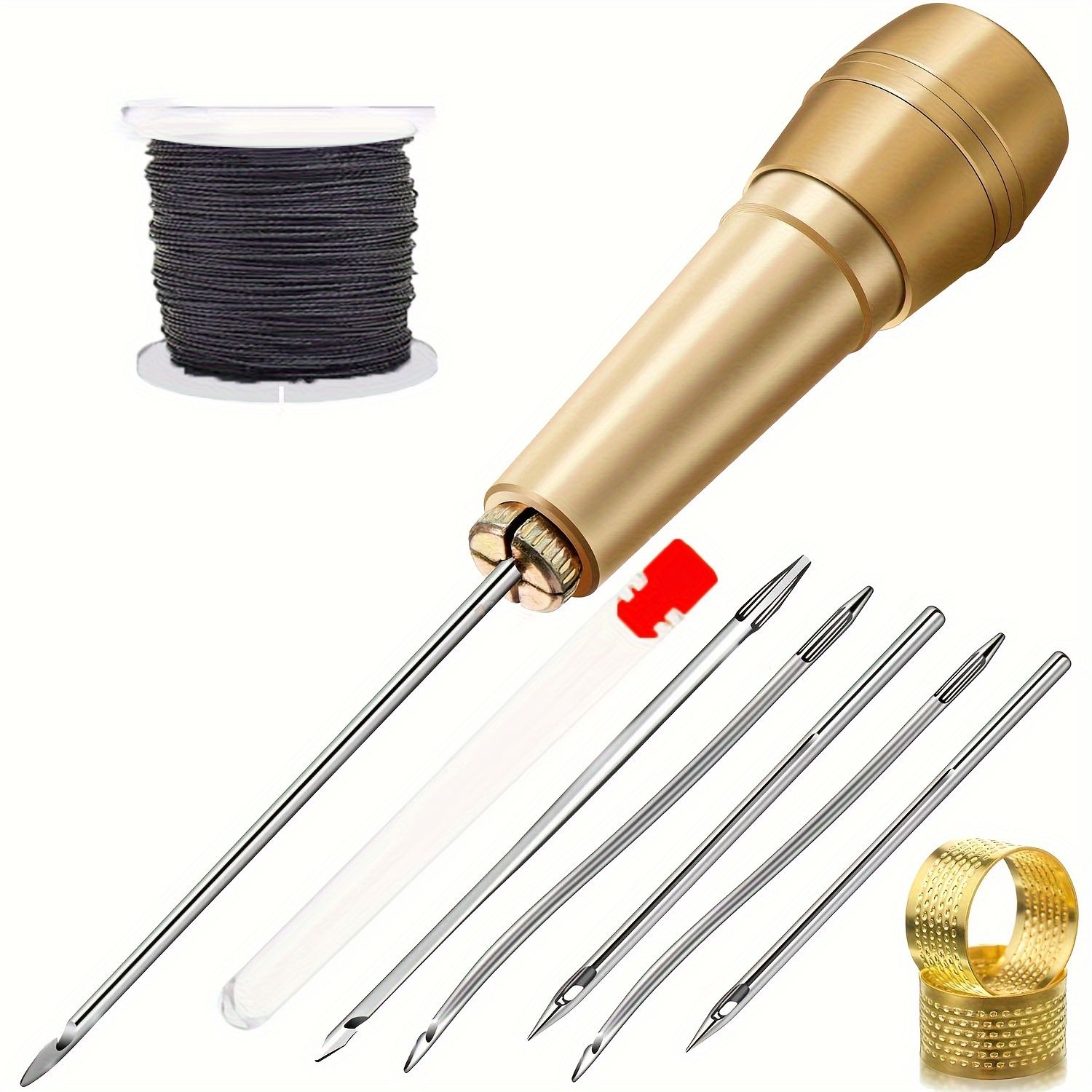 Leather Sewing Kit with 11 Pieces: Includes DIY Copper-Handled Leather Sewing Awl, 6 Needles, and a Soft Tube for Storage. Suitable for Repairing Leather, Canvas, Tents, and Shoes. Available in Black,