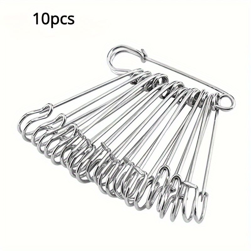 10PCS Heavy Duty Safety Pins - 2.75" & 1.97" Steel Spring Lock Pins for Crafts, Skirts, Kilts, and Brooch Making - Large Assorted Size Safety Pins in Silver Grey