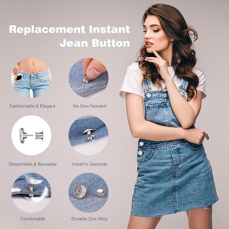 10Pcs Buttons for Jeans, Adjustable Jean Button Pins, Pant Waist Tightener, No Sew and No Tools Instant Jean Button Pins for Pants, Simple Installation, Reusable and Adjustable (17mm)