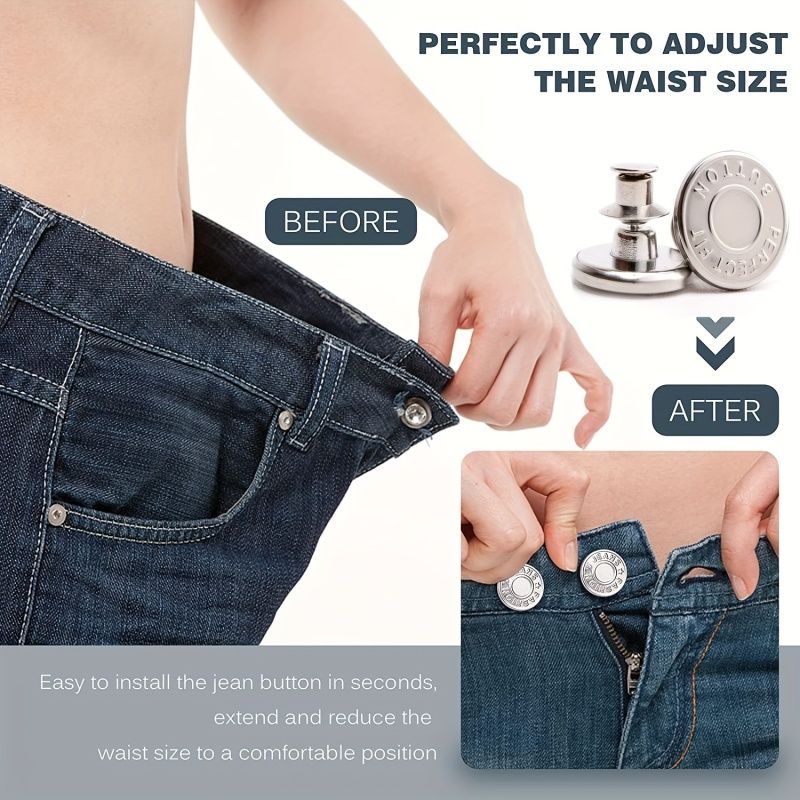 10Pcs Buttons for Jeans, Adjustable Jean Button Pins, Pant Waist Tightener, No Sew and No Tools Instant Jean Button Pins for Pants, Simple Installation, Reusable and Adjustable (17mm)