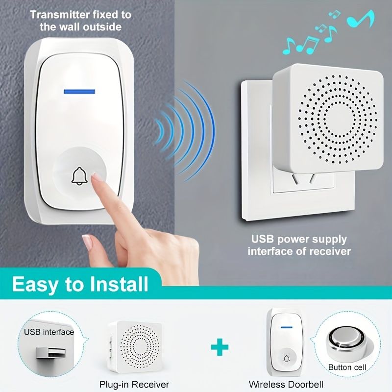 1 Set Portable Wireless Doorbell System - Touch-Controlled, Self-Adhesive, 38 Freely Switchable Ringtones, Elderly Alarm, No WiFi Required, Battery-Powered with Button Battery (Diameter ≥20mm) - Indoo