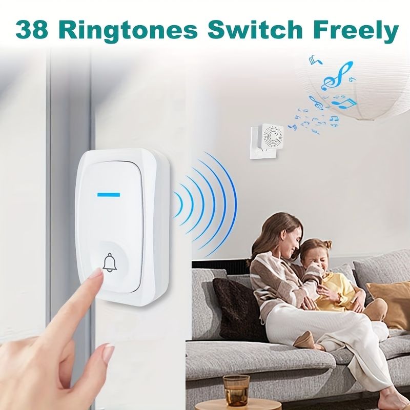 1 Set Portable Wireless Doorbell System - Touch-Controlled, Self-Adhesive, 38 Freely Switchable Ringtones, Elderly Alarm, No WiFi Required, Battery-Powered with Button Battery (Diameter ≥20mm) - Indoo