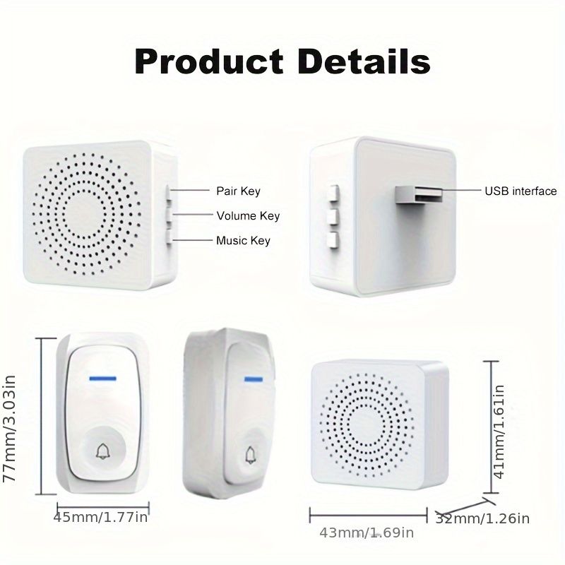 1 Set Portable Wireless Doorbell System - Touch-Controlled, Self-Adhesive, 38 Freely Switchable Ringtones, Elderly Alarm, No WiFi Required, Battery-Powered with Button Battery (Diameter ≥20mm) - Indoo