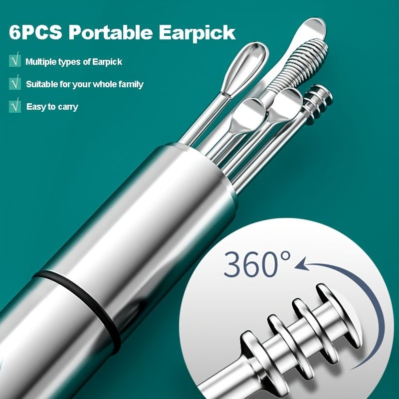 6Pcs Stainless Steel Ear Wax Removal Kit - Safe & Gentle Spiral Ear Picks with Spoon Cleaners - Premium Durable Ear Cleaning Solution for Total Hygiene