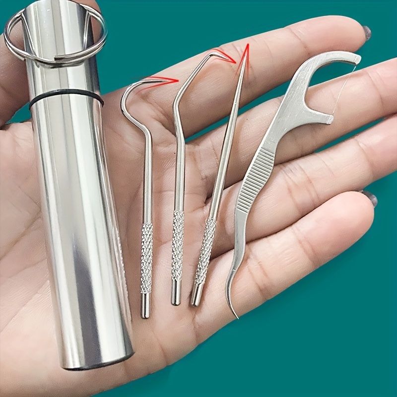 4Pcs Premium Stainless Steel Reusable Toothpicks Set - Portable Pocket Tooth Cleaning Kit for Outdoor Picnic Camping Traveling with Durable Holder and Unscented Design