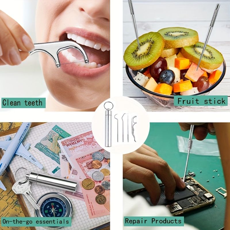 4Pcs Premium Stainless Steel Reusable Toothpicks Set - Portable Pocket Tooth Cleaning Kit for Outdoor Picnic Camping Traveling with Durable Holder and Unscented Design