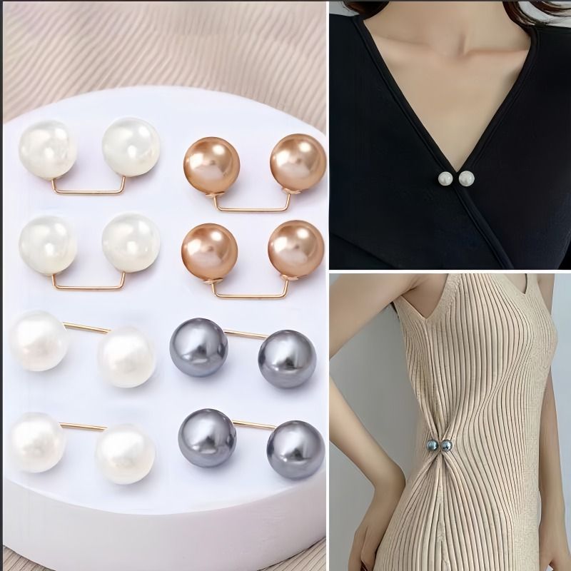 8pcs Luxurious Pearl Brooch Set - Non-Slip Safety Pin, Adjustable Dress Waist Tightener, Collar Fitter, Scarf Holder, Fashion Accessories with Imitation Pearl Buttons - Champagne, Grey, White Colors A