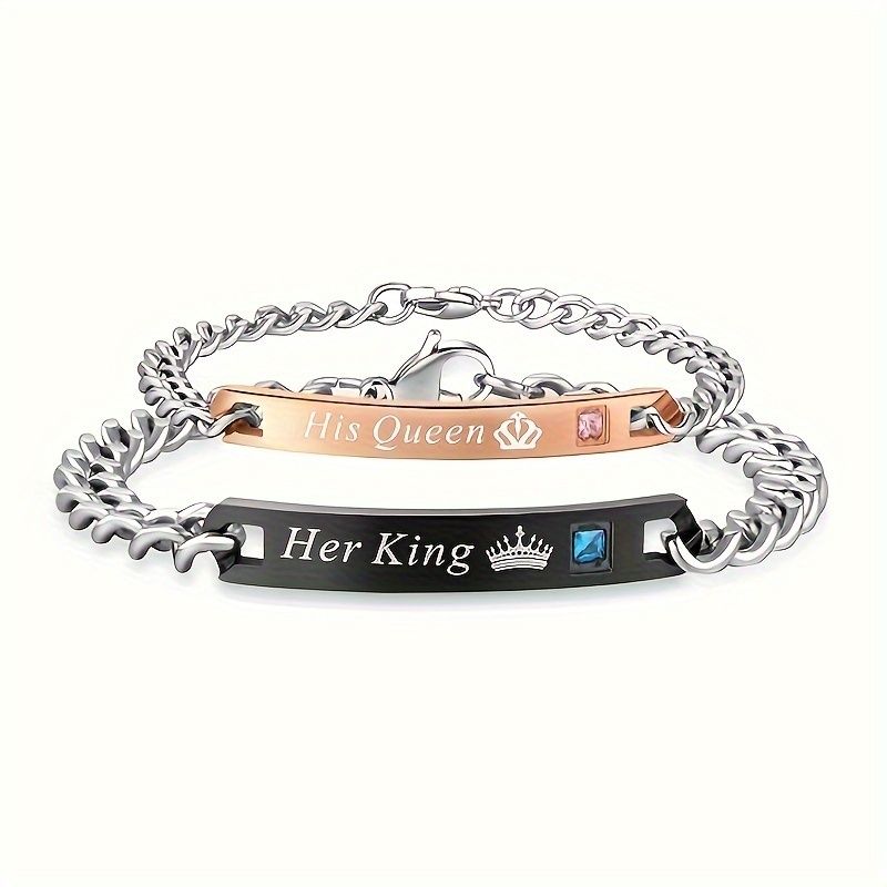 2Pcs/Set Couple Bracelets - Durable Stainless Steel Construction, Perfectly Matching Unisex Design for Women and Men, Romantic Gift Idea with His Queen Her King Engraving to Symbolize Eternal Love