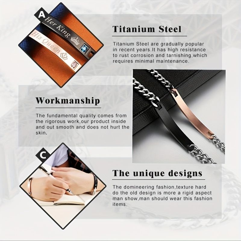 2Pcs/Set Couple Bracelets - Durable Stainless Steel Construction, Perfectly Matching Unisex Design for Women and Men, Romantic Gift Idea with His Queen Her King Engraving to Symbolize Eternal Love