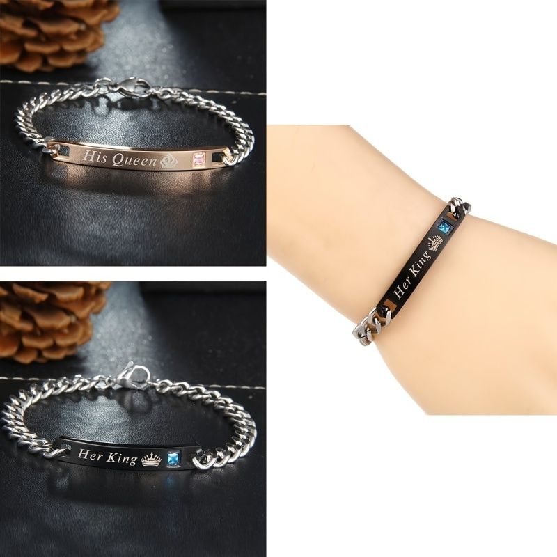 2Pcs/Set Couple Bracelets - Durable Stainless Steel Construction, Perfectly Matching Unisex Design for Women and Men, Romantic Gift Idea with His Queen Her King Engraving to Symbolize Eternal Love