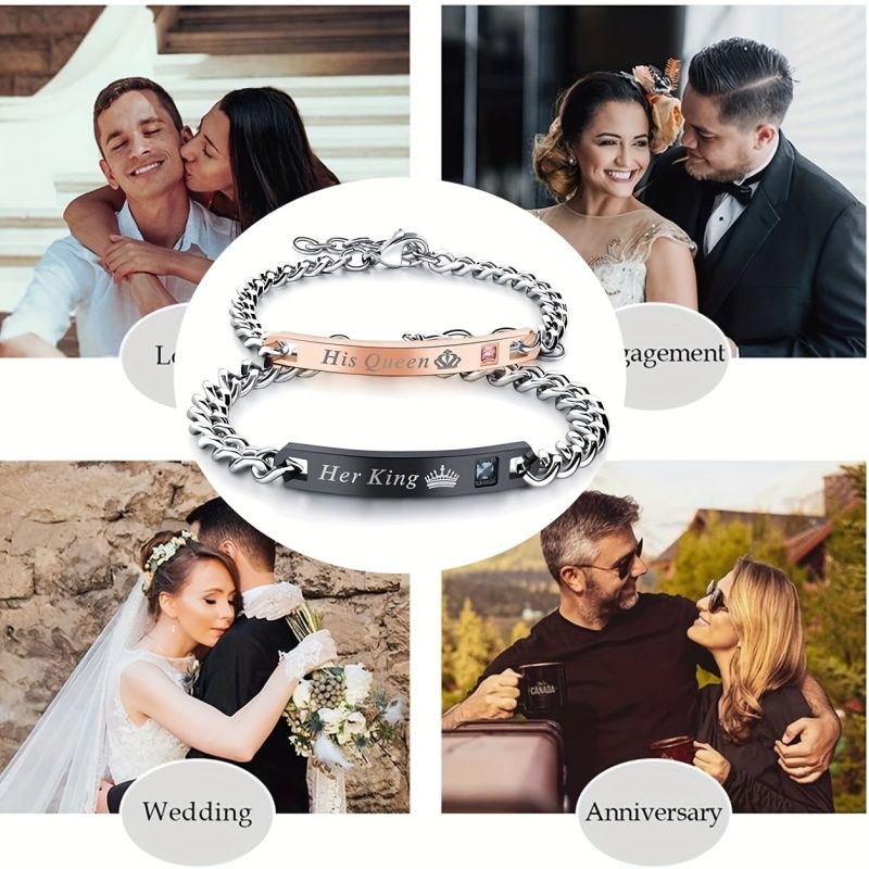 2Pcs/Set Couple Bracelets - Durable Stainless Steel Construction, Perfectly Matching Unisex Design for Women and Men, Romantic Gift Idea with His Queen Her King Engraving to Symbolize Eternal Love