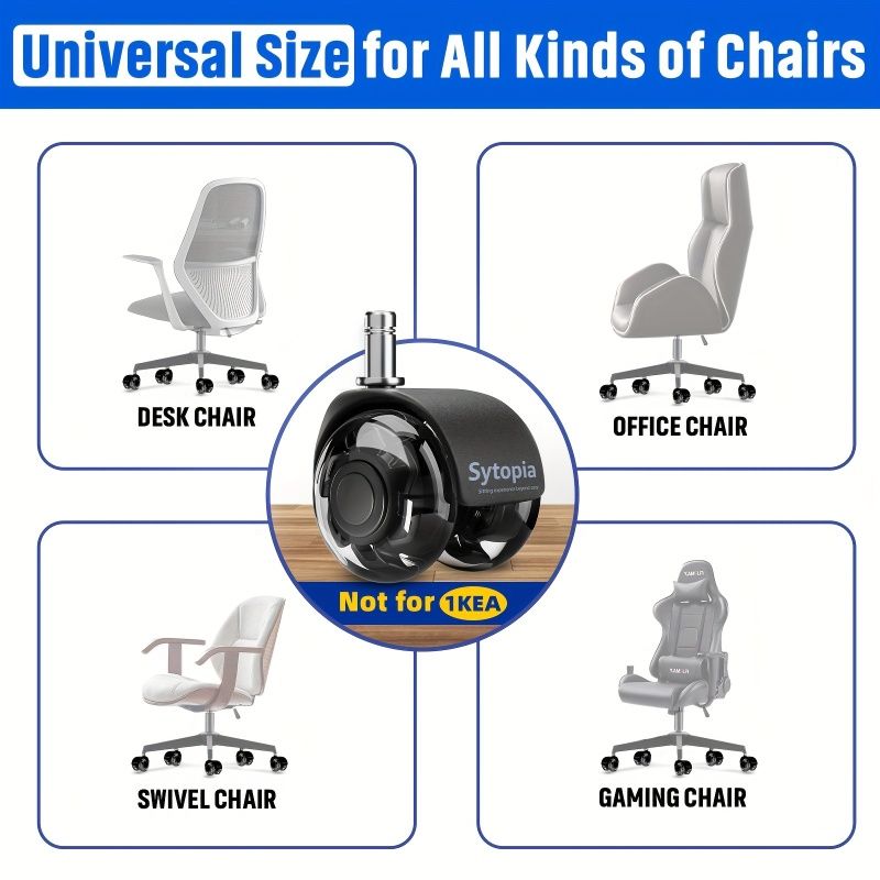 1PCS Supercar Design Office Chair Caster Wheels (Set of 5), 2'' Heavy Duty 700 lbs Office Chair Wheels, Mute Rubber Casters for Hardwood Floors and Carpet, Universal Fit (NOT for 1KEA), Black