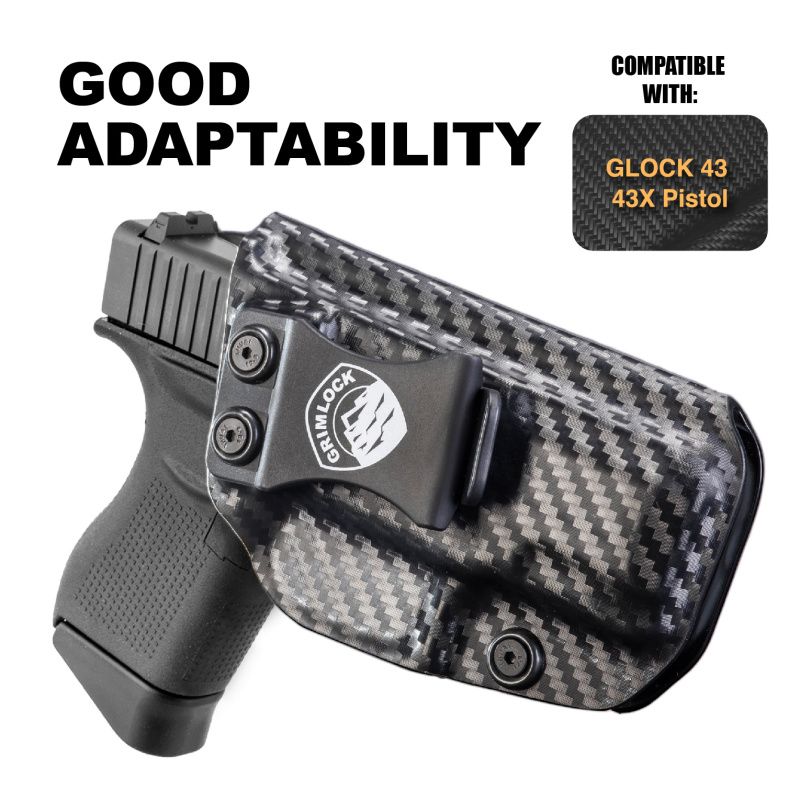 ONLY Case GRIMLOCK IWB KYDEX Holster Fit: GLOCK43 43X handgun- Inside Waistband - Adjustable Cant - Cover Mag-Button - No Wear