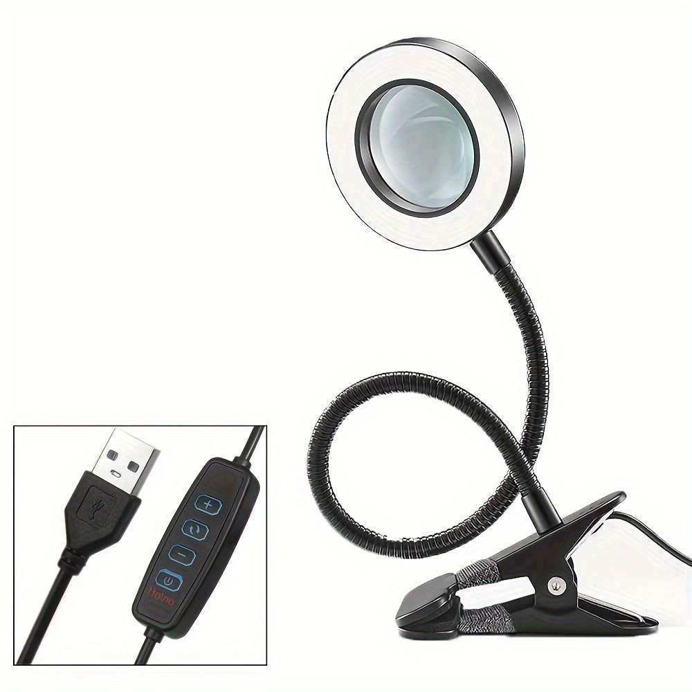 1pc 5X Magnifying LED Desk Lamp Plus - Adjustable Gooseneck Arm, 3 Color Modes, 10 Brightness Levels, Modern Metal Design, USB Powered, Dimmable, Push Button Control, Clamp-On, For Reading, Crafting,