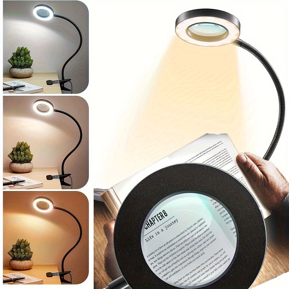 1pc 5X Magnifying LED Desk Lamp Plus - Adjustable Gooseneck Arm, 3 Color Modes, 10 Brightness Levels, Modern Metal Design, USB Powered, Dimmable, Push Button Control, Clamp-On, For Reading, Crafting,