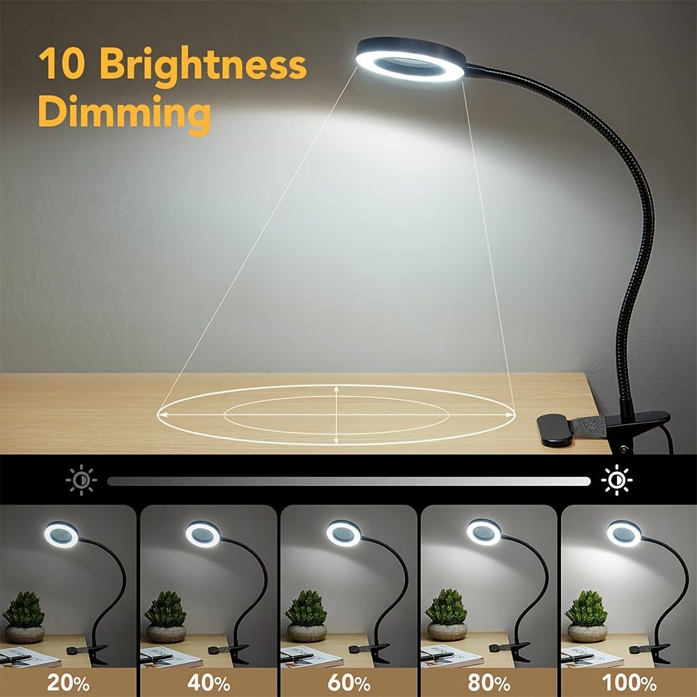 1pc 5X Magnifying LED Desk Lamp Plus - Adjustable Gooseneck Arm, 3 Color Modes, 10 Brightness Levels, Modern Metal Design, USB Powered, Dimmable, Push Button Control, Clamp-On, For Reading, Crafting,