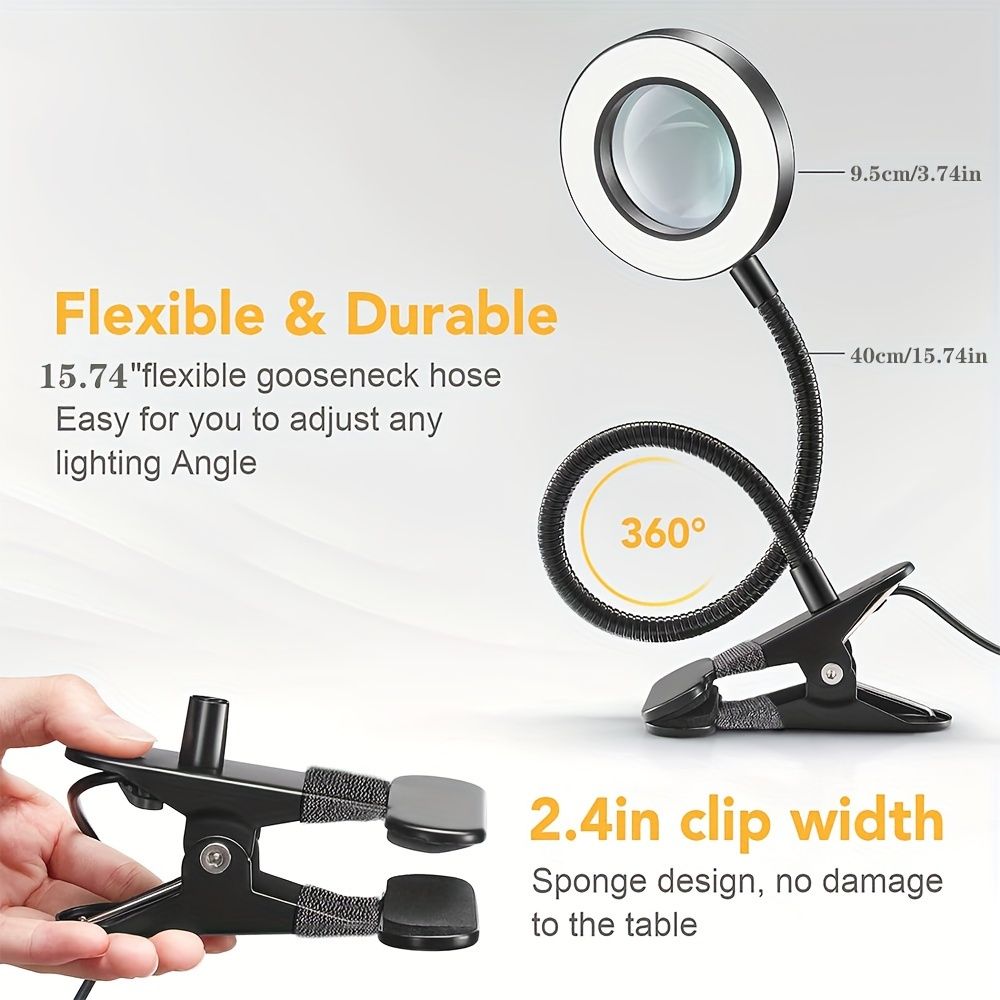 1pc 5X Magnifying LED Desk Lamp Plus - Adjustable Gooseneck Arm, 3 Color Modes, 10 Brightness Levels, Modern Metal Design, USB Powered, Dimmable, Push Button Control, Clamp-On, For Reading, Crafting,