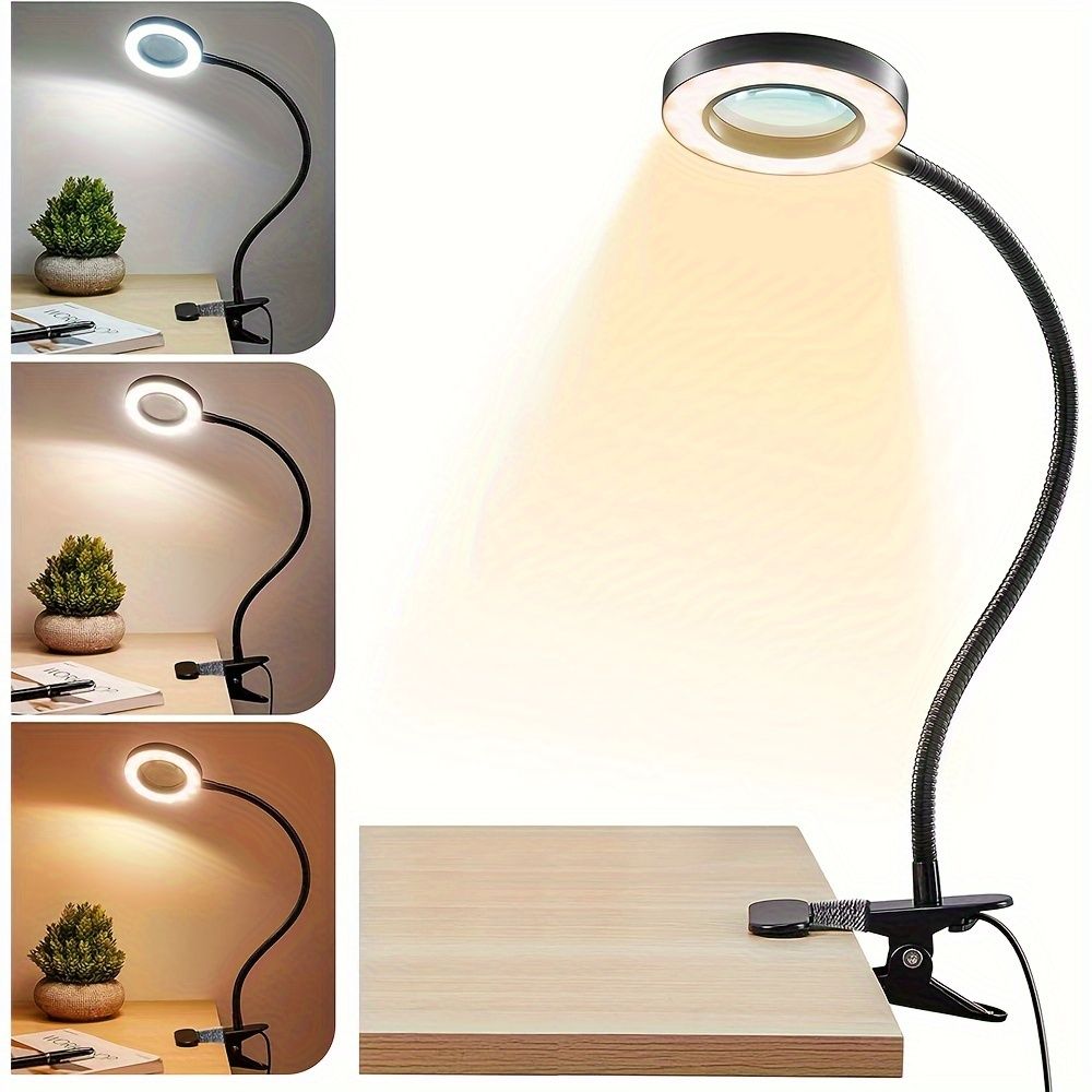 1pc 5X Magnifying LED Desk Lamp Plus - Adjustable Gooseneck Arm, 3 Color Modes, 10 Brightness Levels, Modern Metal Design, USB Powered, Dimmable, Push Button Control, Clamp-On, For Reading, Crafting,