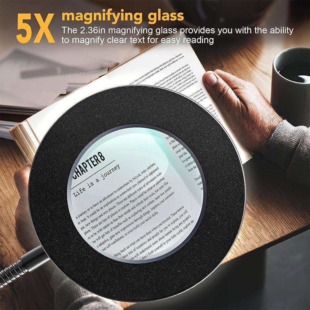 1pc 5X Magnifying LED Desk Lamp Plus - Adjustable Gooseneck Arm, 3 Color Modes, 10 Brightness Levels, Modern Metal Design, USB Powered, Dimmable, Push Button Control, Clamp-On, For Reading, Crafting,